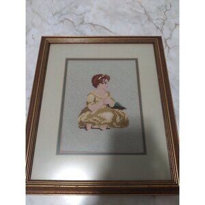 Vtg Framed Needlepoint Age Of Innocence Joshua Reynolds Gold Frame 12.75" x 15"